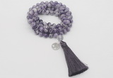 GMN1820 Knotted 8mm, 10mm dogtooth amethyst 108 beads mala necklace with tassel & charm