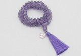 GMN1821 Knotted 8mm, 10mm amethyst 108 beads mala necklace with tassel & charm