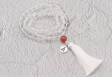 GMN1822 Knotted 8mm, 10mm white crystal 108 beads mala necklace with tassel & charm