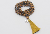 GMN1827 Knotted 8mm, 10mm yellow tiger eye 108 beads mala necklace with tassel & charm