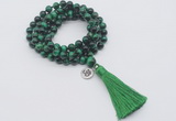 GMN1836 Knotted 8mm, 10mm green tiger eye 108 beads mala necklace with tassel & charm