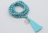 GMN1837 Knotted 8mm, 10mm blue howlite 108 beads mala necklace with tassel & charm