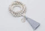 GMN1838 Knotted 8mm, 10mm white howlite 108 beads mala necklace with tassel & charm