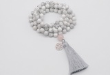 GMN1839 Knotted 8mm, 10mm white howlite 108 beads mala necklace with tassel & charm