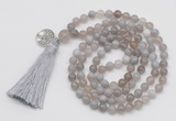 GMN1861 Knotted 8mm, 10mm grey banded agate 108 beads mala necklace with tassel & charm