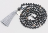 GMN1862 Knotted 8mm, 10mm black banded agate 108 beads mala necklace with tassel & charm