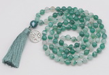 GMN1863 Knotted 8mm, 10mm green banded agate 108 beads mala necklace with tassel & charm