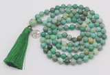 GMN1864 Knotted 8mm, 10mm grass agate 108 beads mala necklace with tassel & charm