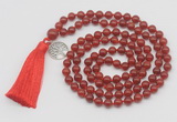 GMN1868 Knotted 8mm, 10mm red agate 108 beads mala necklace with tassel & charm