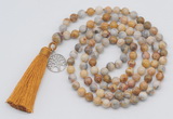 GMN1869 Knotted 8mm, 10mm yellow crazy agate 108 beads mala necklace with tassel & charm