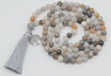 GMN1870 Knotted 8mm, 10mm bamboo leaf agate 108 beads mala necklace with tassel & charm