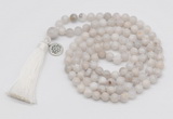 GMN1871 Knotted 8mm, 10mm white crazy agate 108 beads mala necklace with tassel & charm