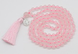 GMN1872 Knotted 8mm, 10mm rose quartz 108 beads mala necklace with tassel & charm