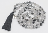 GMN1873 Knotted 8mm, 10mm black rutilated quartz 108 beads mala necklace with tassel & charm