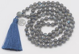 GMN1874 Knotted 8mm, 10mm labradorite 108 beads mala necklace with tassel & charm