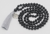 GMN1875 Knotted 8mm, 10mm black obsidian 108 beads mala necklace with tassel & charm