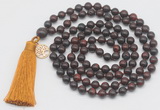 GMN1877 Knotted 8mm, 10mm brecciated jasper 108 beads mala necklace with tassel & charm