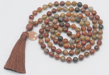 GMN1878 Knotted 8mm, 10mm picasso jasper 108 beads mala necklace with tassel & charm