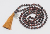 GMN1879 Knotted 8mm, 10mm red tiger eye 108 beads mala necklace with tassel & charm