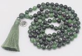 GMN1880 Knotted 8mm, 10mm ruby zoisite 108 beads mala necklace with tassel & charm