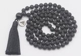 GMN1882 Knotted 8mm, 10mm black lava 108 beads mala necklace with tassel & charm