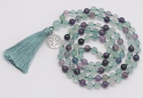 GMN1884 Knotted 8mm, 10mm fluorite 108 beads mala necklace with tassel & charm