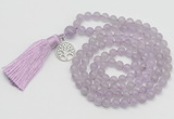 GMN1885 Knotted 8mm, 10mm lavender amethyst 108 beads mala necklace with tassel & charm