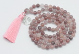 GMN1886 Knotted 8mm, 10mm purple strawberry quartz 108 beads mala necklace with tassel & charm