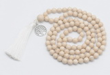 GMN1889 Knotted 8mm, 10mm white fossil jasper 108 beads mala necklace with tassel & charm