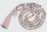 GMN1890 Knotted 8mm, 10mm pink zebra jasper 108 beads mala necklace with tassel & charm