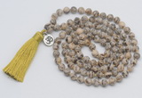 GMN1893 Knotted 8mm, 10mm feldspar 108 beads mala necklace with tassel & charm