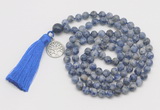 GMN1894 Knotted 8mm, 10mm blue spot stone 108 beads mala necklace with tassel & charm