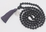 GMN1896 Knotted 8mm, 10mm black obsidian 108 beads mala necklace with tassel & charm