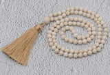 GMN200 Hand-knotted 6mm white fossil jasper 108 beads mala necklaces with tassel