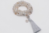 GMN2000 Knotted 8mm, 10mm matte montana agate 108 beads mala necklace with tassel & charm