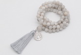 GMN2001 Knotted 8mm, 10mm matte white crazy agate 108 beads mala necklace with tassel & charm