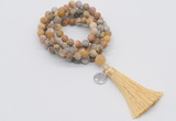 GMN2002 Knotted 8mm, 10mm matte yellow crazy agate 108 beads mala necklace with tassel & charm