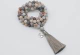 GMN2003 Knotted 8mm, 10mm matte bamboo leaf agate 108 beads mala necklace with tassel & charm