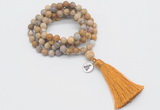 GMN2004 Knotted 8mm, 10mm matte fossil coral 108 beads mala necklace with tassel & charm