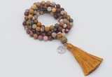 GMN2005 Knotted 8mm, 10mm matte mookaite 108 beads mala necklace with tassel & charm