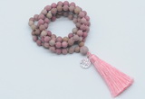 GMN2006 Knotted 8mm, 10mm matte pink fossil jasper 108 beads mala necklace with tassel & charm