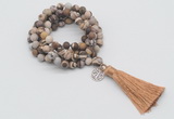 GMN2009 Knotted 8mm, 10mm matte zebra jasper 108 beads mala necklace with tassel & charm