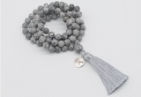 GMN2010 Knotted 8mm, 10mm matte grey picture jasper 108 beads mala necklace with tassel & charm