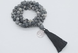 GMN2011 Knotted 8mm, 10mm matte black water jasper 108 beads mala necklace with tassel & charm