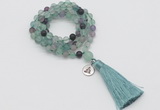 GMN2019 Knotted 8mm, 10mm matte fluorite 108 beads mala necklace with tassel & charm