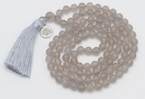 GMN2026 Knotted 8mm, 10mm matte grey agate 108 beads mala necklace with tassel & charm