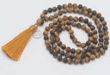 GMN2027 Knotted 8mm, 10mm matte yellow tiger eye 108 beads mala necklace with tassel & charm