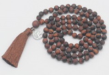 GMN2028 Knotted 8mm, 10mm matte red tiger eye 108 beads mala necklace with tassel & charm