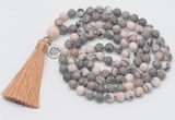 GMN2029 Knotted 8mm, 10mm matte pink zebra jasper 108 beads mala necklace with tassel & charm