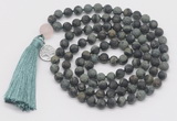 GMN2030 Knotted 8mm, 10mm matte kambaba jasper 108 beads mala necklace with tassel & charm